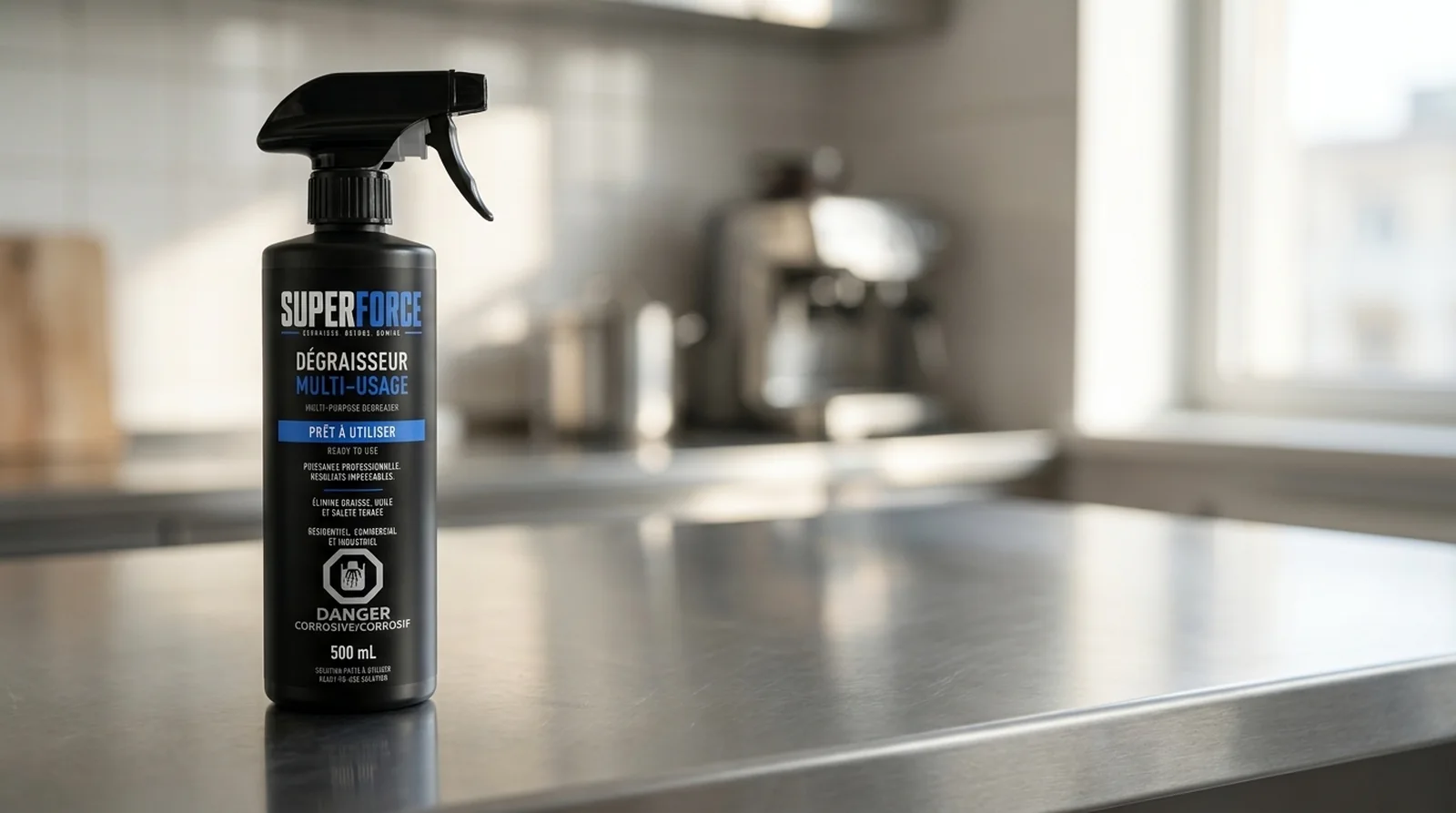 Vaporisateur Superforce 500 mL prêt à utiliser, posé sur un comptoir d'acier inoxydable